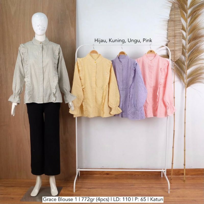 ruffle blouse hem kotak tartan