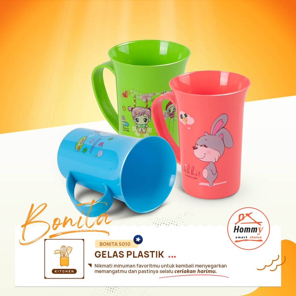 Gelas Gagang Plastik Bonita Hommy 380mL / Mug / Cangkir Air Minum Kopi Teh