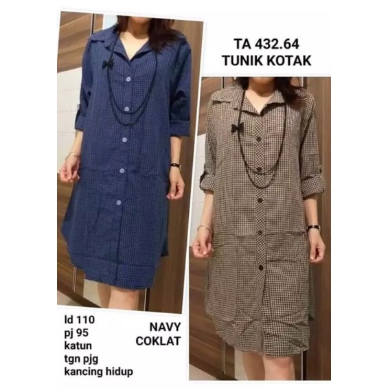 Pakaian Wanita Midi Fress Terusan Tunik Kotak Kecil Katun