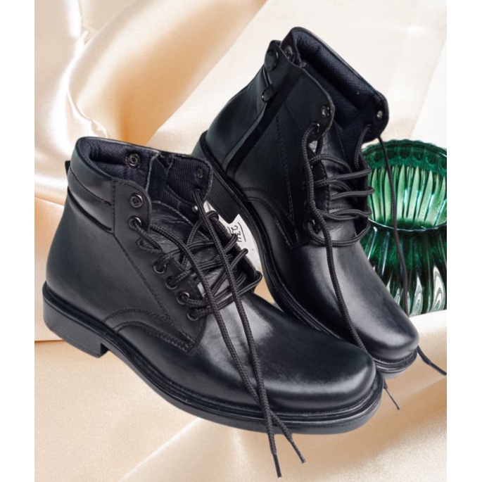 Sepatu pdh tali pria kulit asli sol hak 3 cm security dinas polri satpam kantor pantofel formal warna hitam boot bandung bogor jakarta depok banten bekasi cirebon karawang size 39 40 41 42 43 44 45