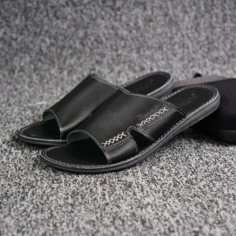 BRLN 001 Black Sendal Pria Casual Kulit Asli Warna Hitam Sendal Slide Slop Santai Full Leather