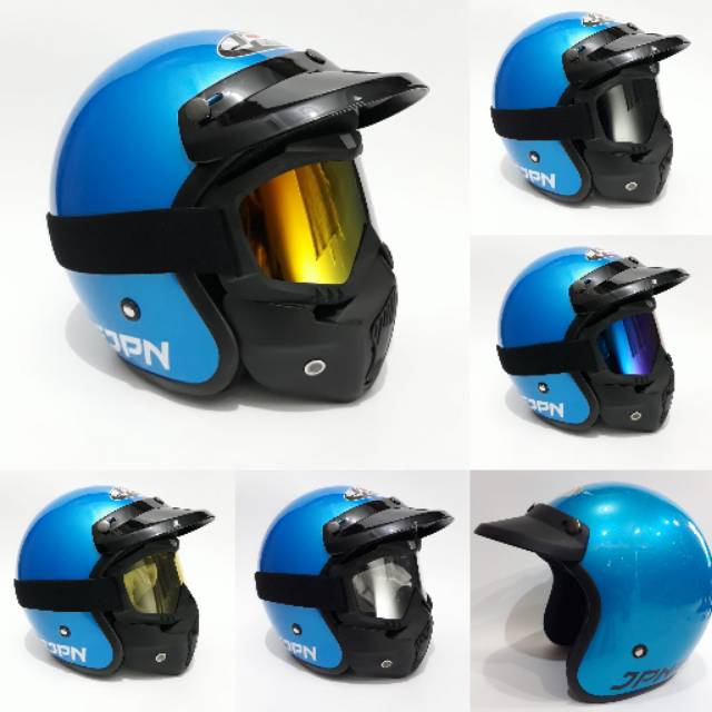 Helm Bogo Jpn Retro Biru Muda ice blue gloss Dengan Goggle mask