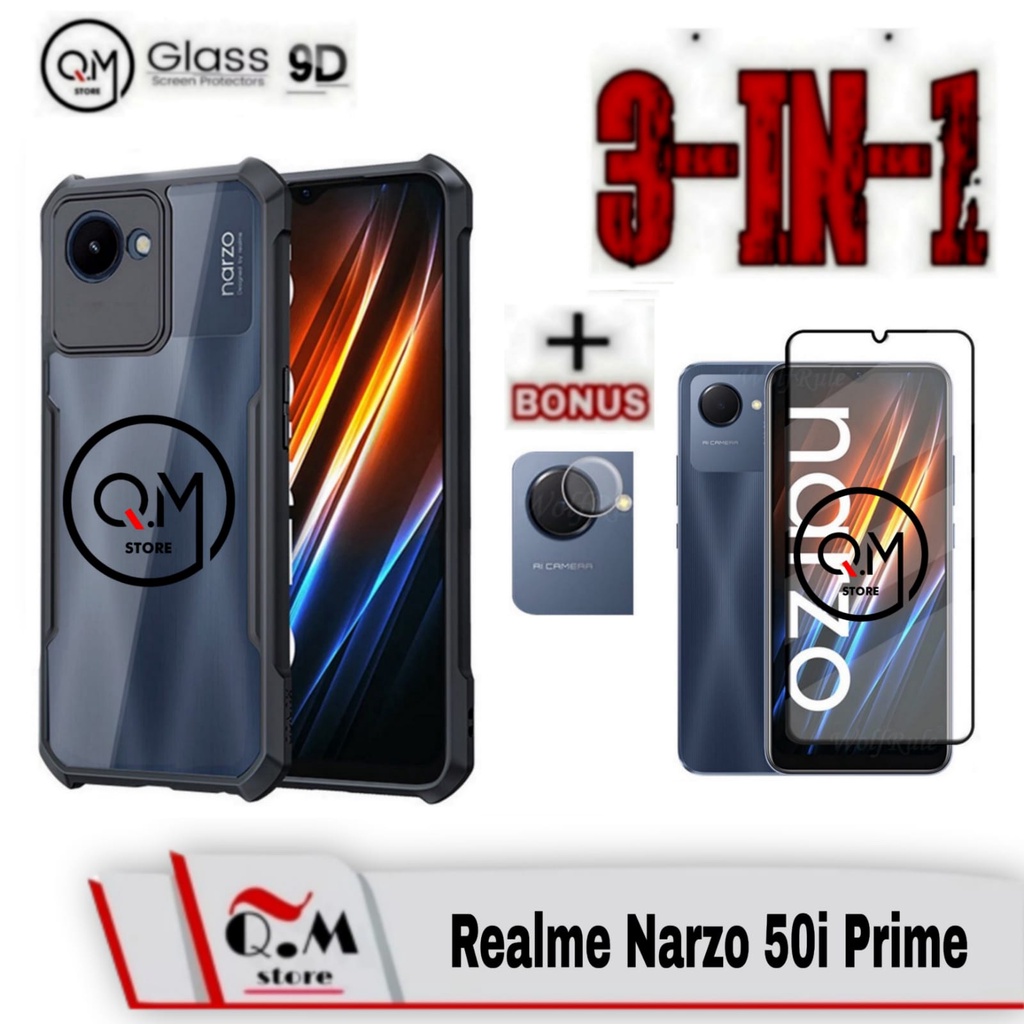 Paket 3 in1 Case Transparan Realme Narzo 50i Prime Softcase Transparan Armor Acrilik Pelindung Back Cover