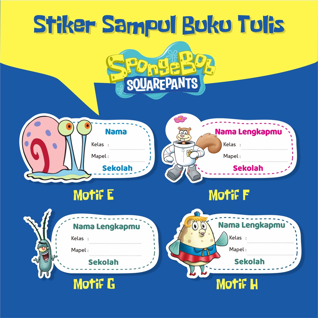 

Stiker nama custom sampul buku Tulis/pelajaran Tema Spongebob