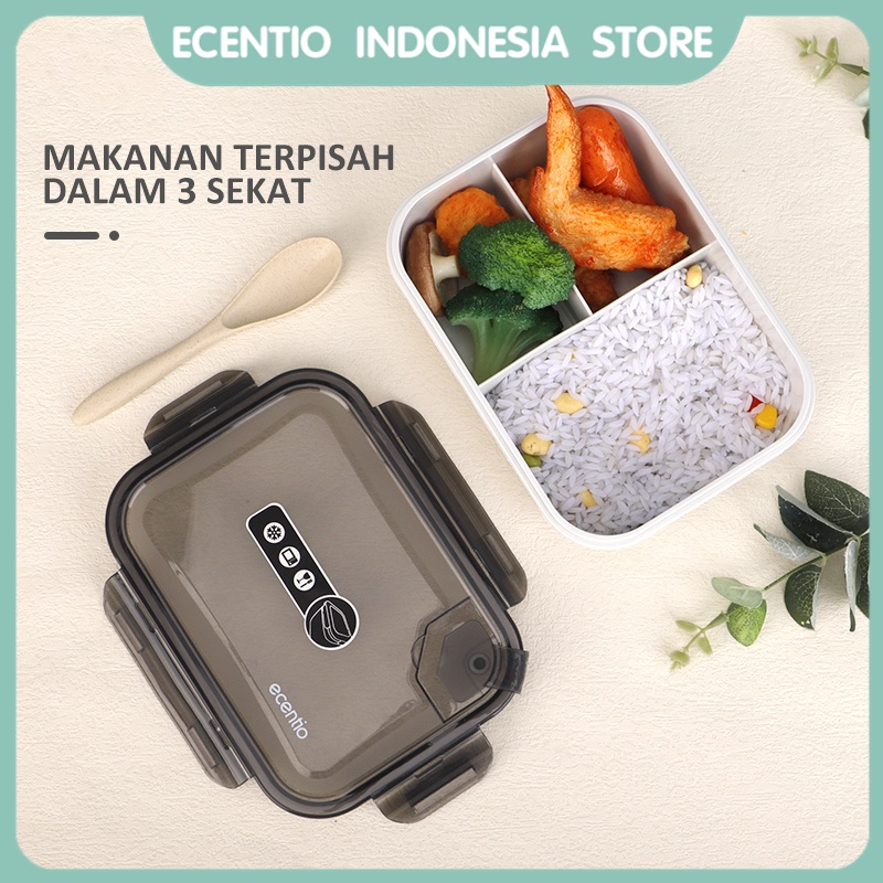 ecentio 1.3L tempat makanan kotak bekal makan dengan free sendok 3 grid lunch box BPA free misting tempat makan