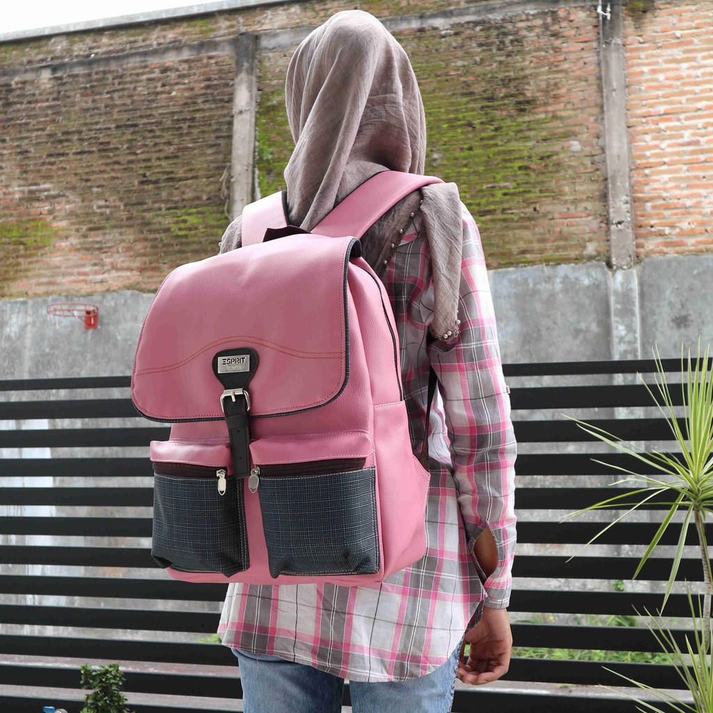 Tas Ransel Wanita Espirit Saku Pink Bagus Backpack Kulit Kekinian Fashionable