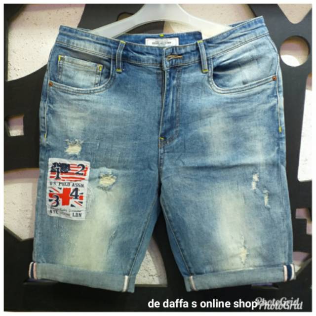 Celana Pendek Jeans Import Pria Stretch DF 1 Fashion Sobek Tambal