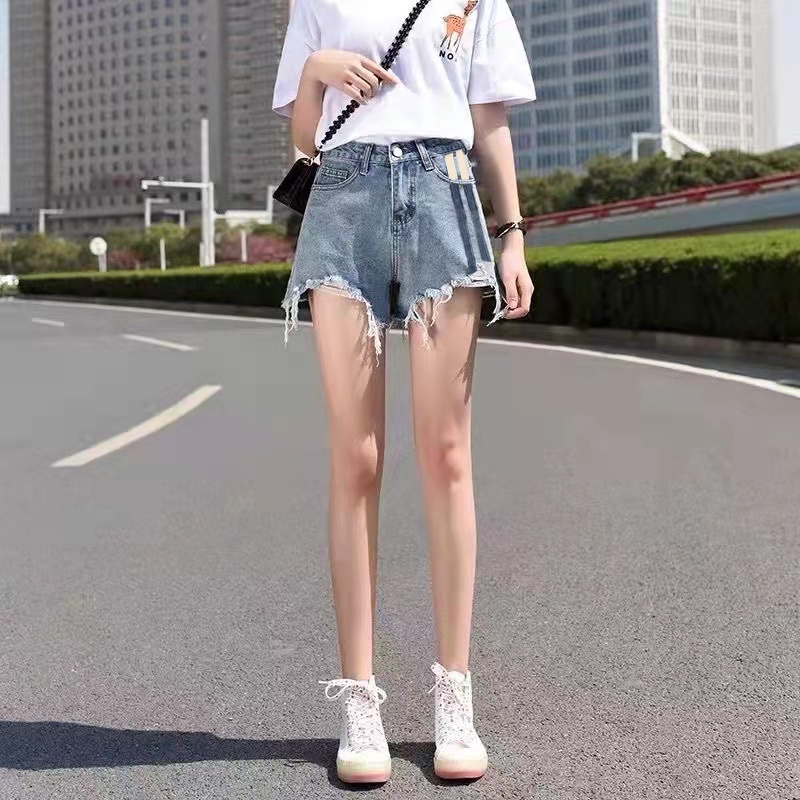 Celana jeans pendek wanita korea style biru muda hotpants denim sobek cewek highwaist jens cewek ripped pinggang tinggi kekinian short xl xxl Robek