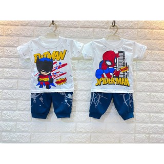 setelan kaos anak  laki laki gambar  spiderman dan batman 