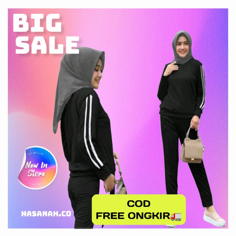 Setelan Trening Lengan Panjang Wanita Hijab Size Jumbo Baju Kaos Seragam Set Training Senam Olahraga