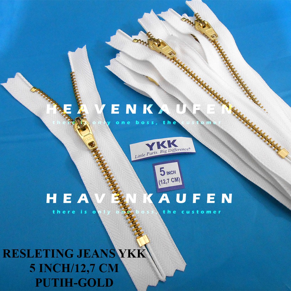 Resleting Zipper Jeans Besi YKK 5 inch / 12,7 cm Putih - Gold Emas