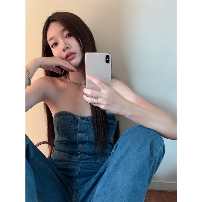 Gaya Korea Jeans Retro Lurus One Piece Jeans Wanita Musim Panas Tipis Gadis Panas Pinggang Tinggi Se