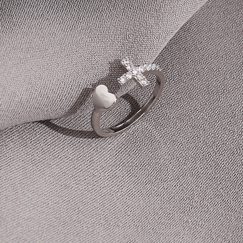 Cincin Model Terbuka Desain Hati Silang Geometris Adjustable Warna Silver Aksen Berlian Imitasi Untuk Wanita
