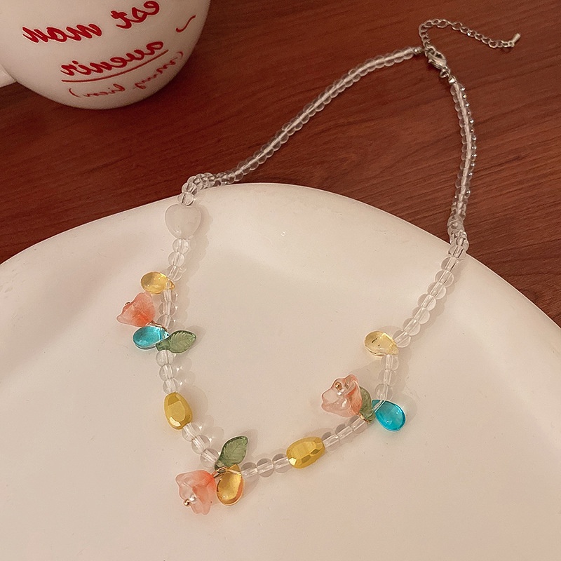 Korea Fashion Lily of The Valley Bunga Mutiara Kalung Manis Warna-Warni Manik-Manik Kristal Kalung Untuk Wanita