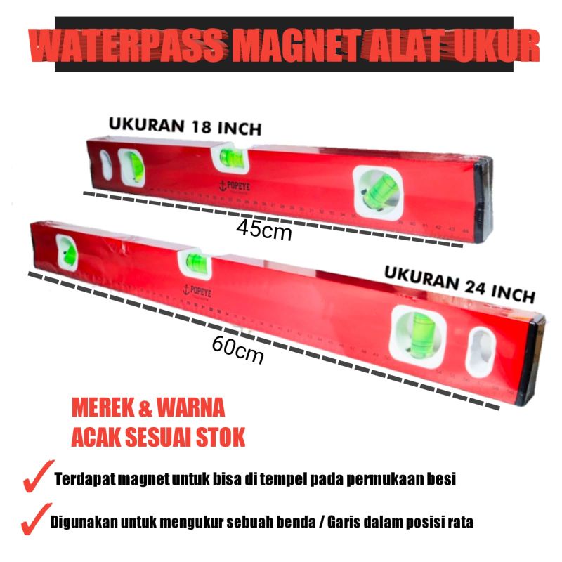 WATERPAS MAGNET PILIH VARIAN UKURAN 18 INCH DAN 24 INCH / PENGGARIS TUKANG / ALAT UKUR TUKANG