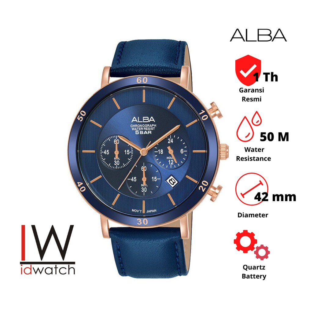 Alba Chronograph AT3F72X1 Jam Tangan Pria Original AT3F72 Cowok Strap Leather Kulit