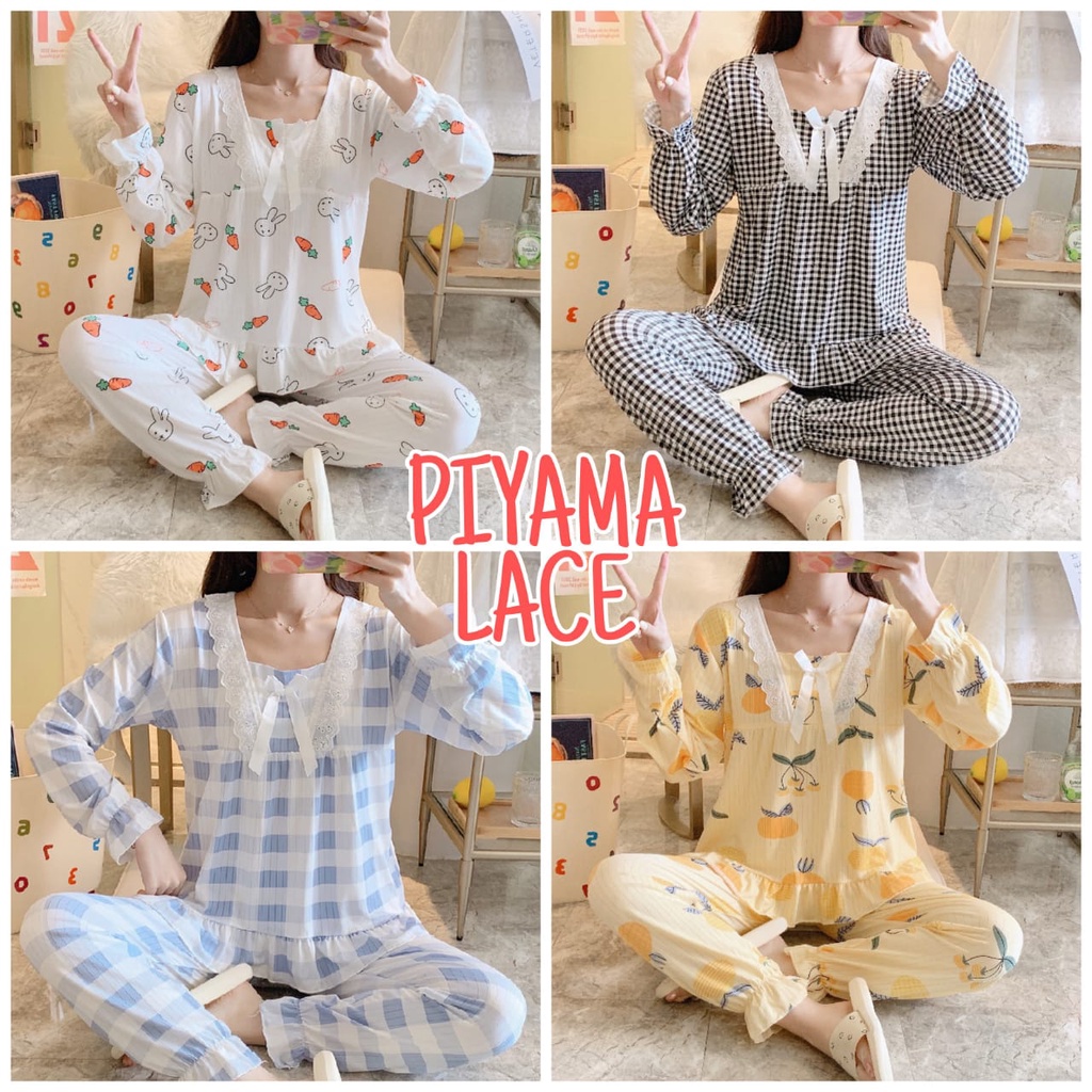 PIYAMA LACE WANITA IMPORT SETELAN BAJU TIDUR KOREA IMPOR DAILY SANTAI LENGAN PANJANG