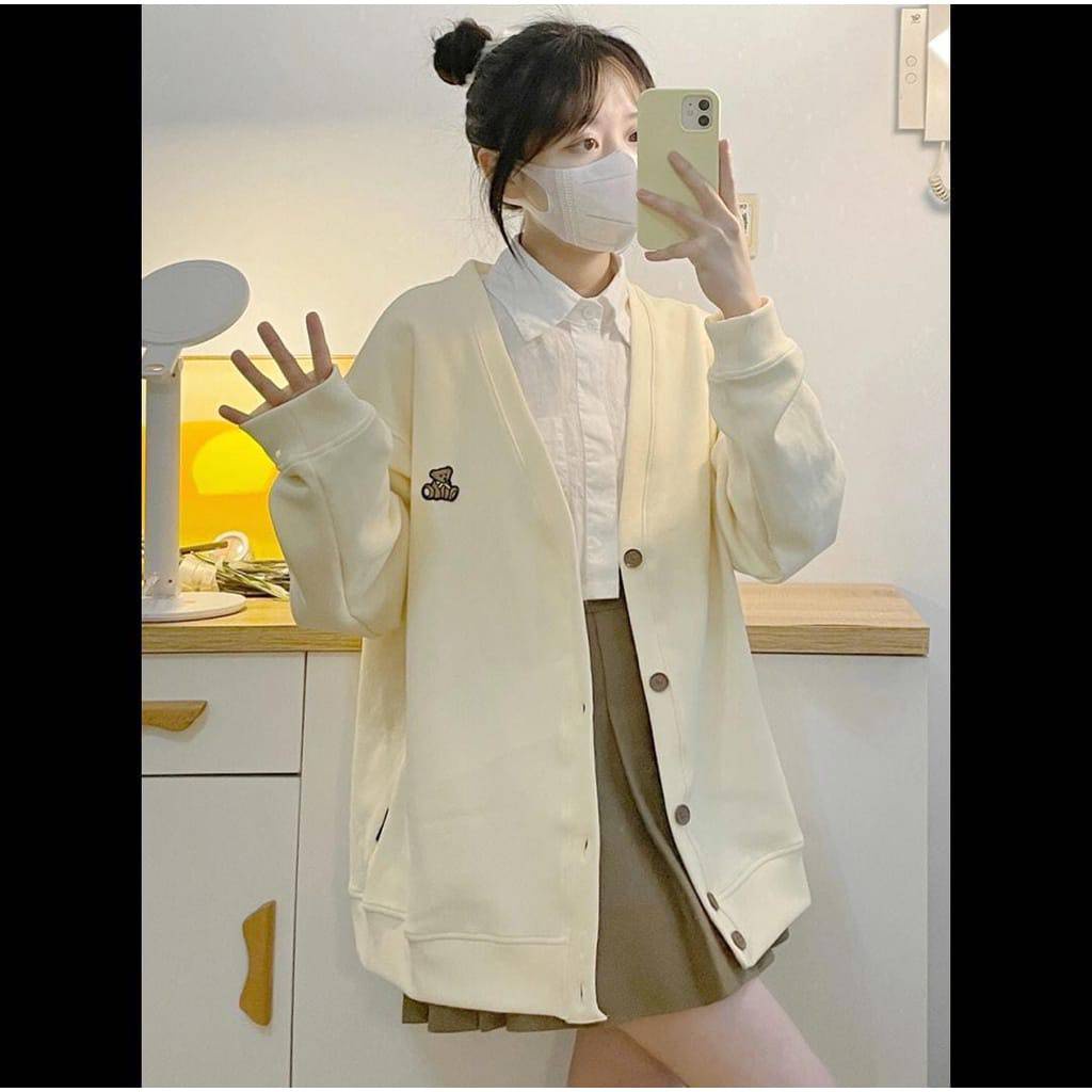 BEAR EMBROIDERY CARDY Sweater Outer Wanita Oversize Atasan Kasual Fashion Korean Style Fashion Terkini