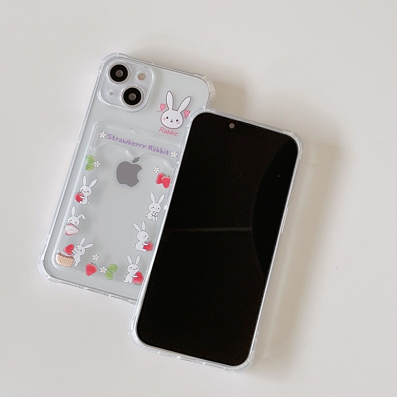 Soft Case Transparan Desain Kelinci Strawberry Untuk iPhone 12 13 Pro MAX 11 X XR XS MAX 7 8 Plus