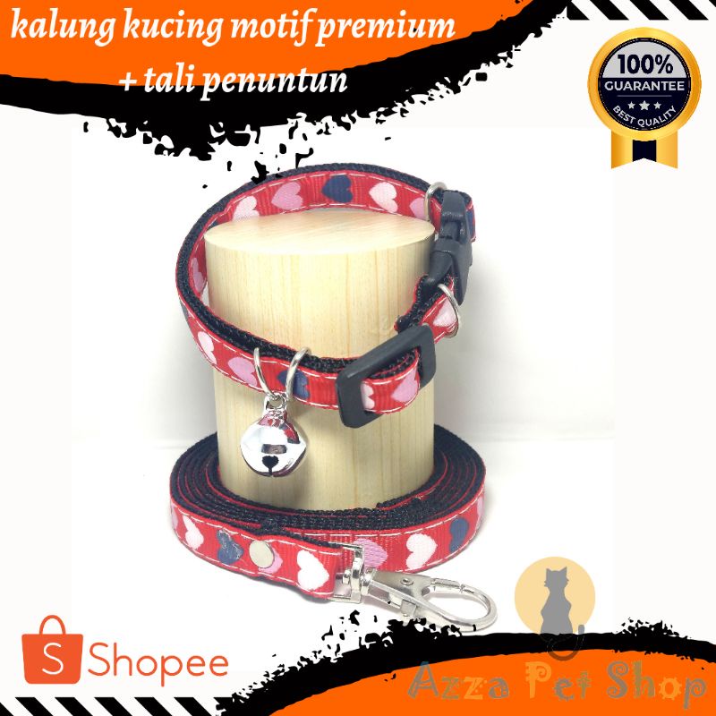 kalung kucing motif premium + tali penuntun / tali kalung kucing lonceng warna 14mm / kalung kucing