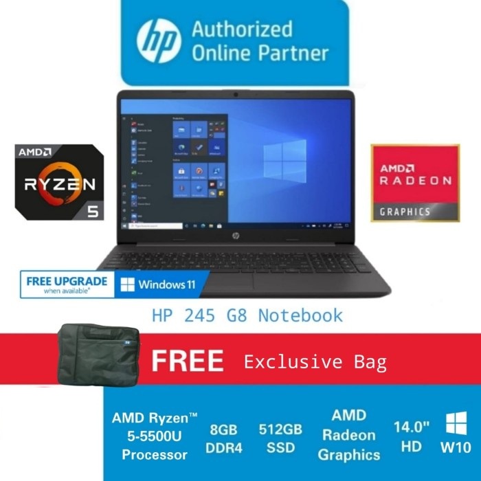 HP LAPTOP 245-G8 [61G62PA] RYZEN 5-5500U 8GB 512GB UMA W11 HOME