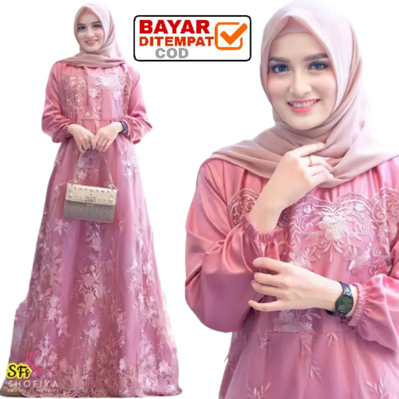 Size L XL XXL / Gamis Muslim Farasya / Maxi Brukat Selma Tulle Premium Jumbo Murah Brokat Navy Marun-Dusty Pink