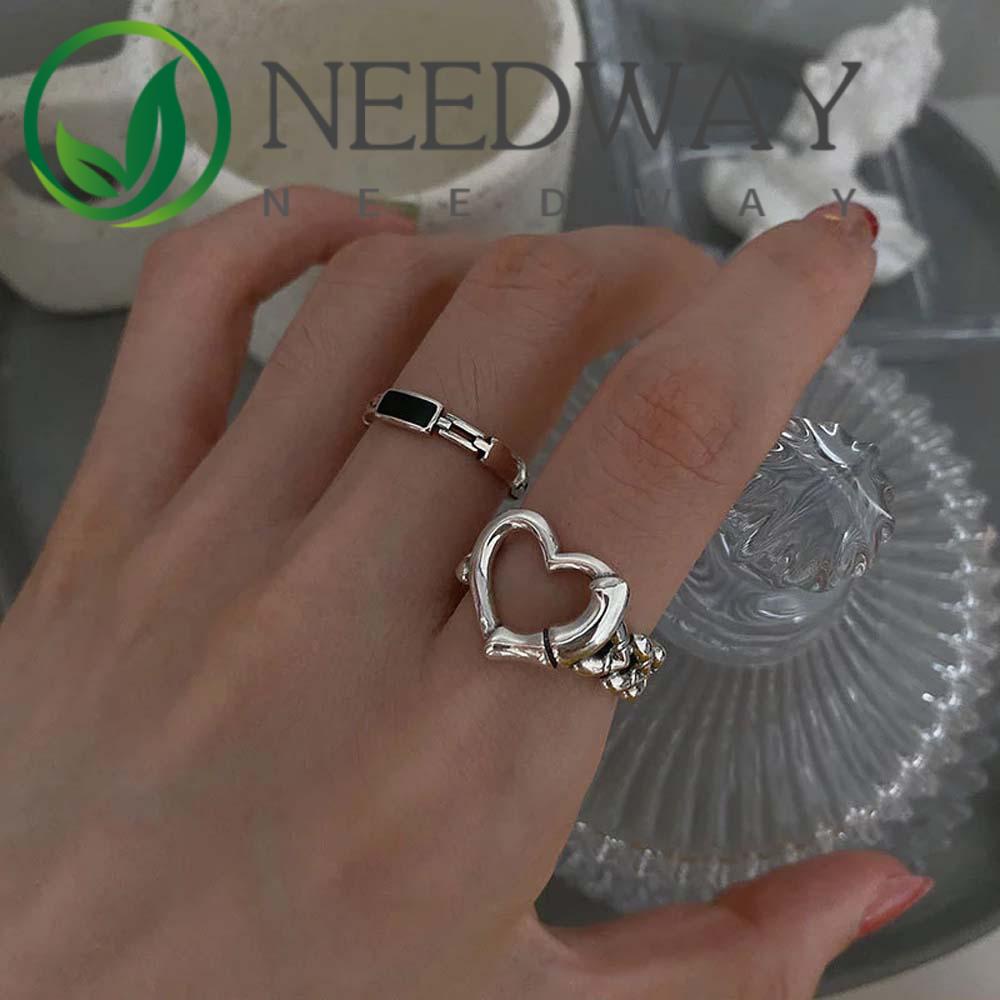 Needway  Temperament Open Rings Simple Fashion Jewelry Metal Rings Women Korean Black Chain Personality Heart Shaped Silver Plate Finger Rings