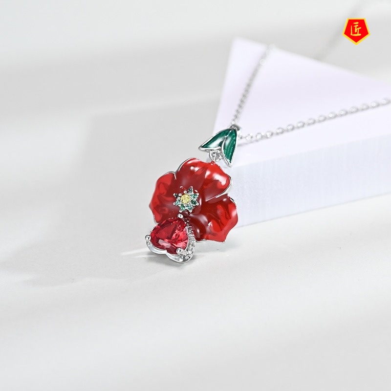 [Ready Stock]Exaggerated Rose Ruby Heart-Shaped Ring Enamel Earrings Necklace Set