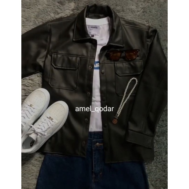Jaket Kulit Kemeja Pria Oversize Korea Outfit Hitam