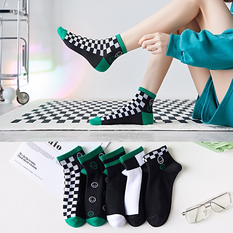 BV.ID•KK820 Kaos Kaki Wanita - Pria Unisex Semata Mata Kaki Ankle Motif Kotak-Kotak Garis hitam hijau Socks Korean