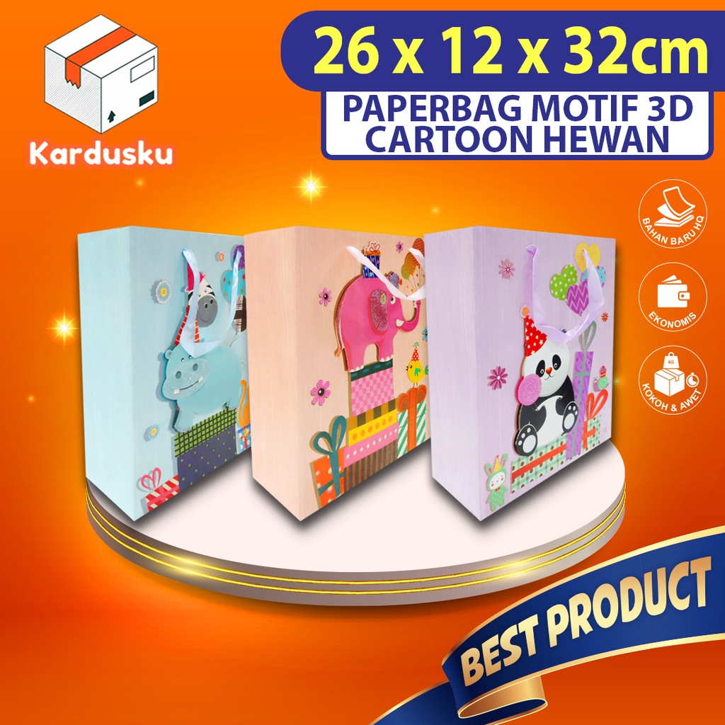 

Paperbag Paper Bag Kantong kertas 3D Aneka motif animal 26x12x32cm tebal import untuk kado,goodiebag