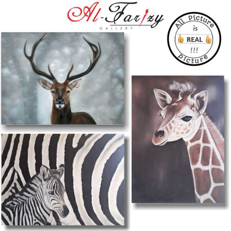 Lukisan Hewan Rusa Zebra Jerapah Unik Minimalis 3D Ukuran 100x120 cm