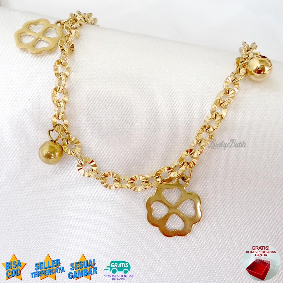 Lovelybutik Gelang Anak Perempuan Titanium Asli Anti Karat Gelang Tangan Anak Bunga Kecil Rantai Nori Donat Ukuran 15 Cm BONUS TEMPAT PERHIASAN