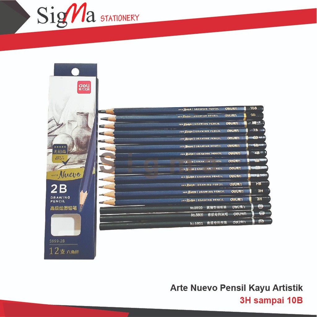 

pensil deli / pensil sketsa H / 2H / H / HB / B / 2B / 3B / 4B / 5B / 6B / 7B / 8B / 10B / 12B / 14B