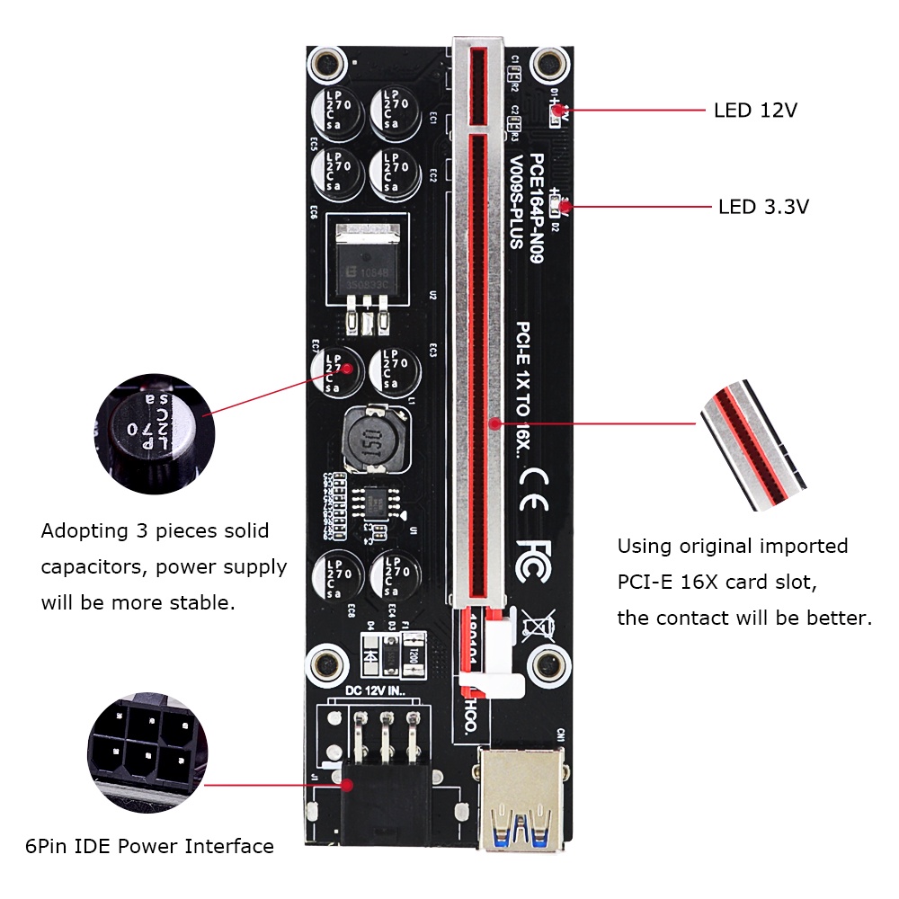 Usb 3.0 Gpu Dengan 6 Pin Interface Papan Ekstender Pci-E Riser/Papan Adapter Extender Riser Card/Pci-E Papan Adapter Riser Card Extender