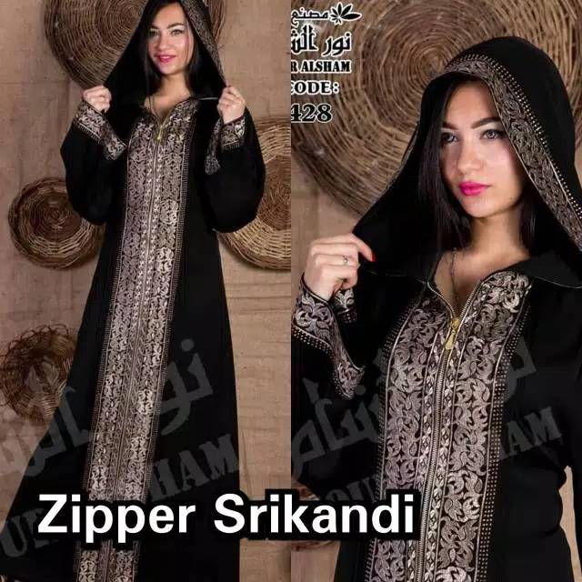 new gamis mewah (busui) hoodie motif srikandi model topi bahan full jet-black super gamis saudi