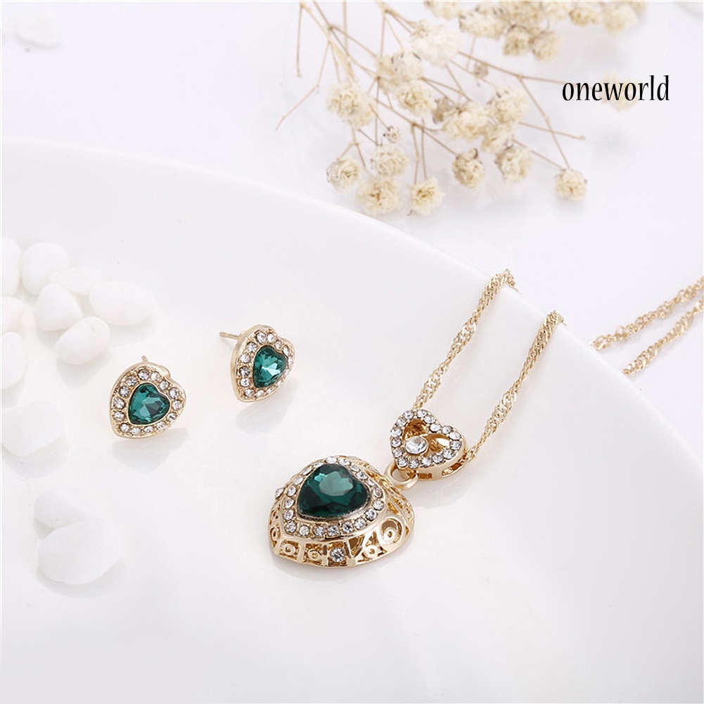 OW@ Fashion Heart Alloy Rhinestone Necklace Ear Studs Earrings Women Jewelry Set