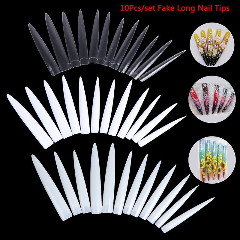 [FULL] 10Pcs/Set Extra Sharp Long Half Cover French False Nail Art Design Salon Tips