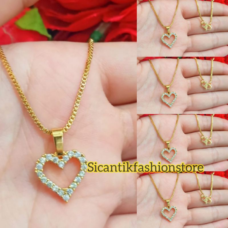 Kalung Titanium Liontin Love Full Permata Fashion Wanita Terlaris Anti Karat Liontin Gold Elegan