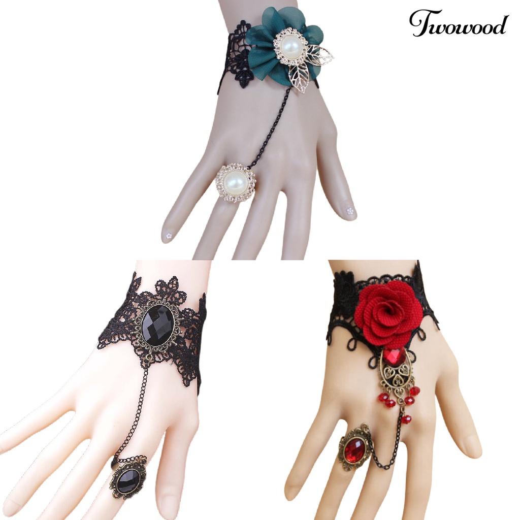 Twowood Rose Decor Black Lace Ring Bracelet Women Faux Gem Faux Pearl Ring Hand Chain Jewelry Accessory