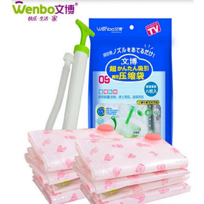 Wenbo Vacum Bag Set isi 8 Pcs FREE Pompa Angin Vakum Bag for Travelling Vakum Pakaian Celana Baju