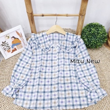 BLOUSE MIZU TARTAN / BLOUSE TARTAN KOREAN STYLE / BLOUSE KOTAK KOTAK KERAH REMPEL-MIZU NEW NAVY