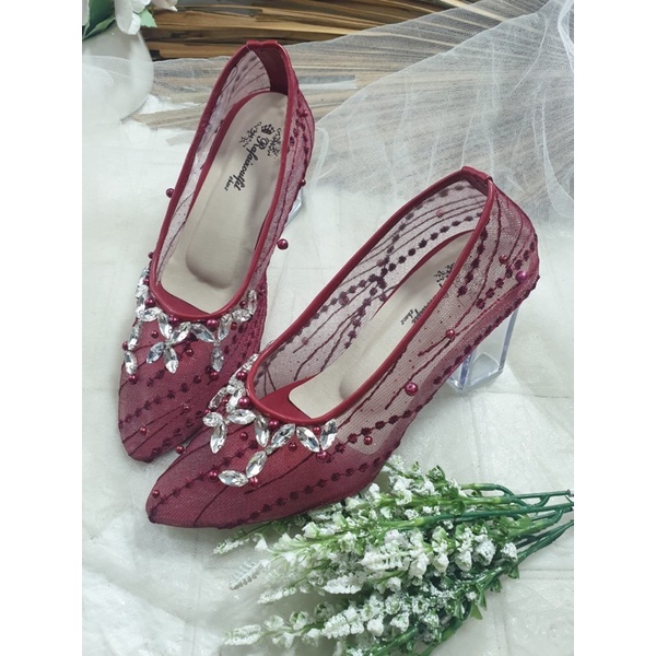 sepatu merrisa merah Maroon salur 7cm kaca