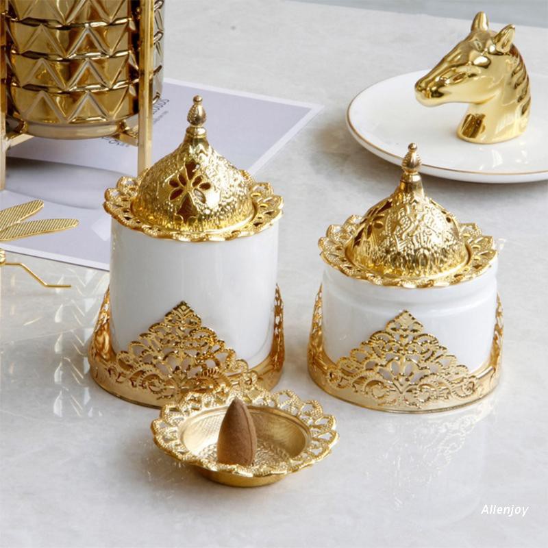 1pc Pembakar Dupa Desain Golden Eastern Middle Bahan Keramik Besi Tempa