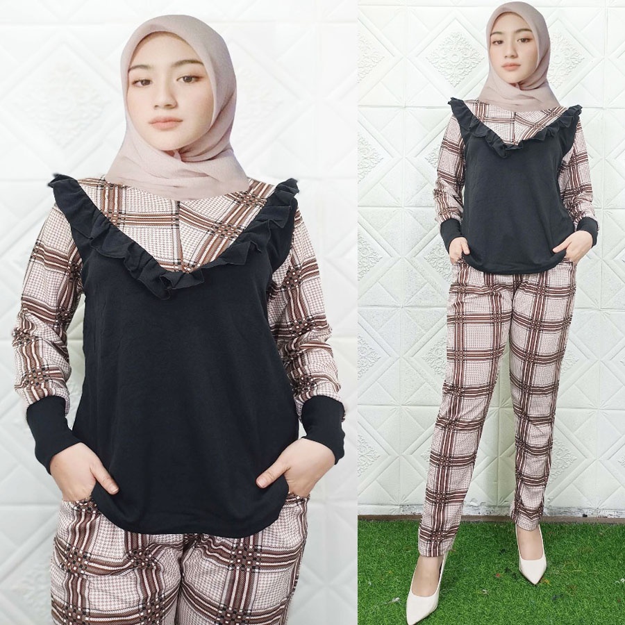 SETELAN AKIRA KOTAK V VEST HITAM SET BAJU DAN CELANA C89 CARLINA