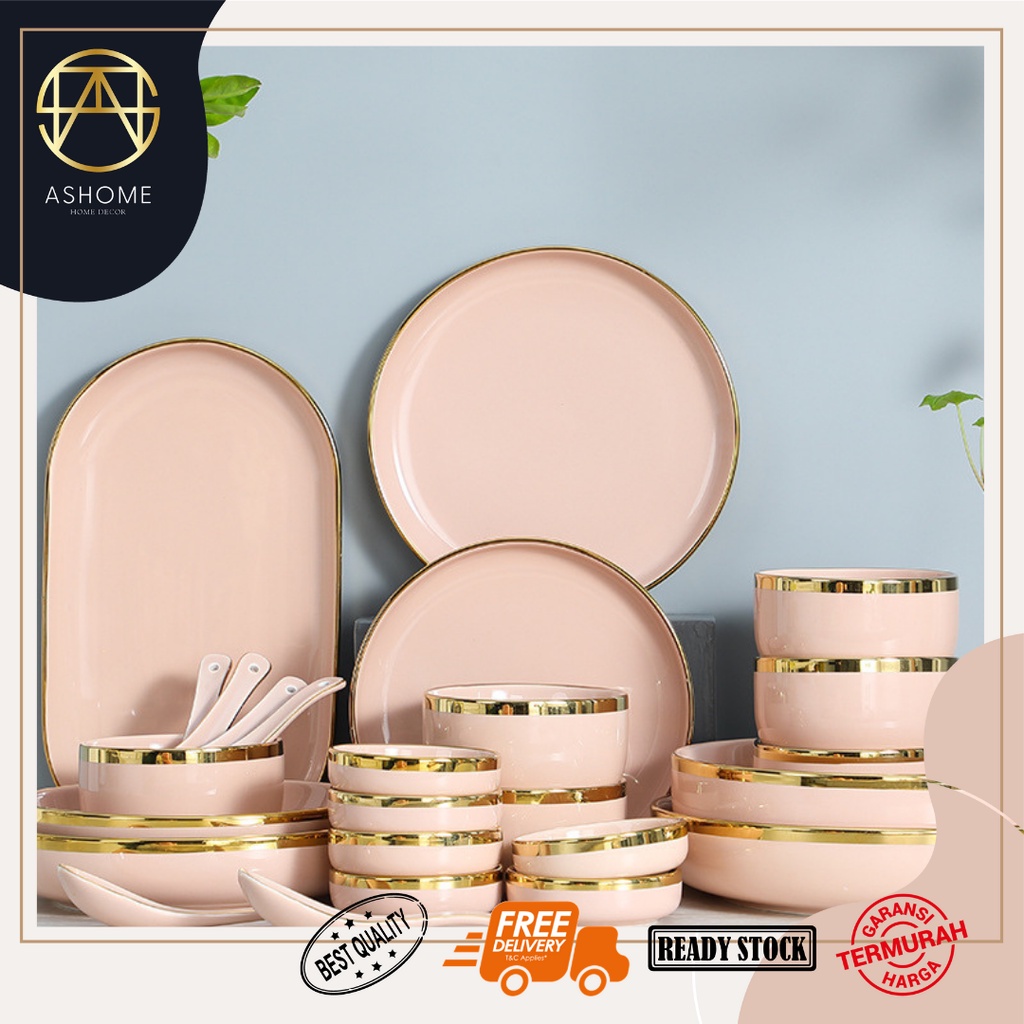 ASHOME Piring Makan Keramik Light Pink Gold / Piring Light Pink Keramik List Gold / Mangkuk Keramik 