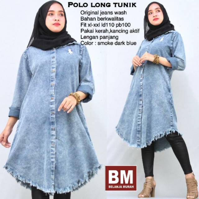 Polo Long Tunik Original Jeans Wash Super Premium Full Kancing Aktif Bawah Rawis Lengan Panjang