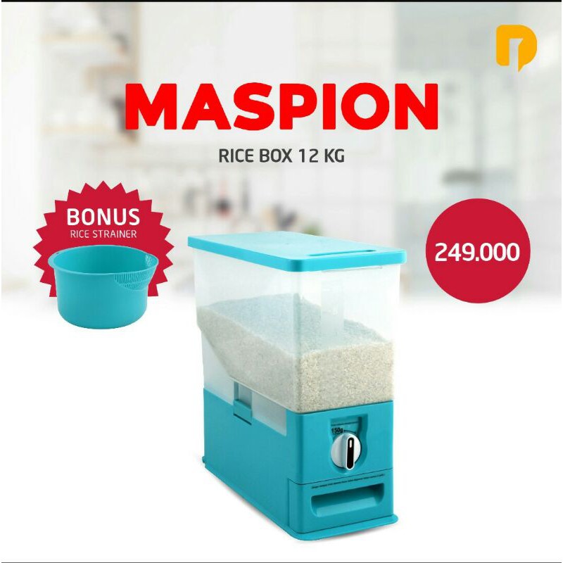 Tempat Penyimpanan Beras Maspion Rice Box 12 kg BONUS Rice Strainer