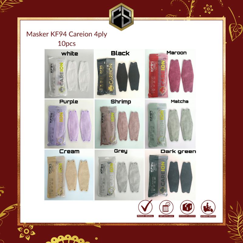 Masker Careion Kf94 4 Ply 3D Earloop  Kualitas Premium Color Black White Purple Mint Matcha Navy Mar