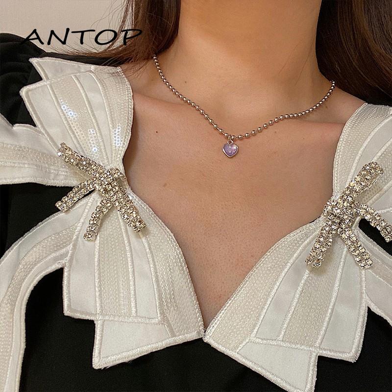 Kalung Rantai Klavikula Desain Hati Warna Ungu Gaya Retro Untuk Wanita